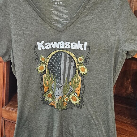 Kawasaki Branded Let The Good Times Roll Graphic V-Neck Motorcycle Shirt (M) - Picture 4 of 8